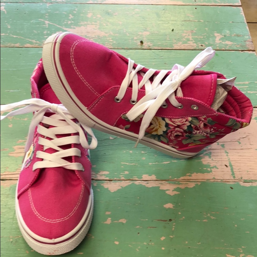 NEW WOMENS PINK FLORAL HIGH TOPS SNEAKERS